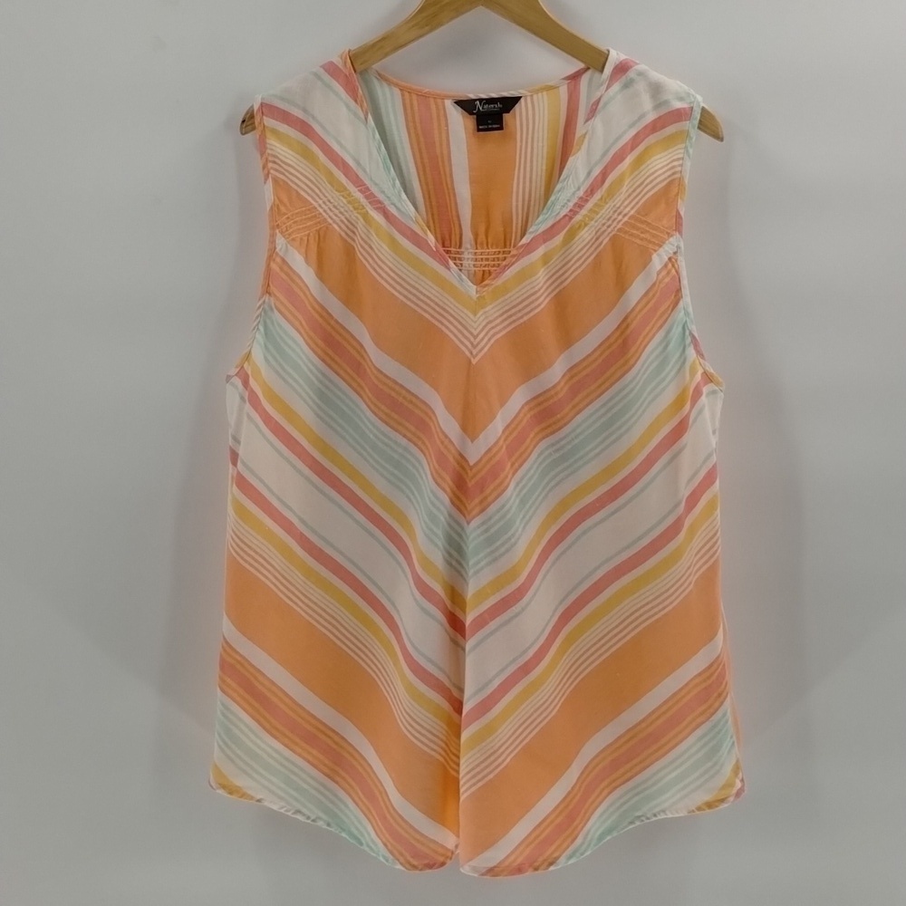 Natural Reflections blouse top coral striped sleeveless 1X v-neck cotton linen